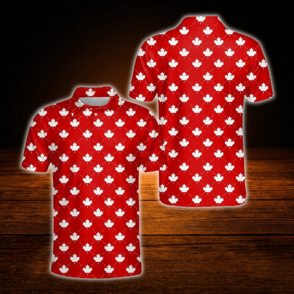 Red And White  Maple Leaf Men's Golf Polo Shirts, Canada Patriotic Golf Shirts