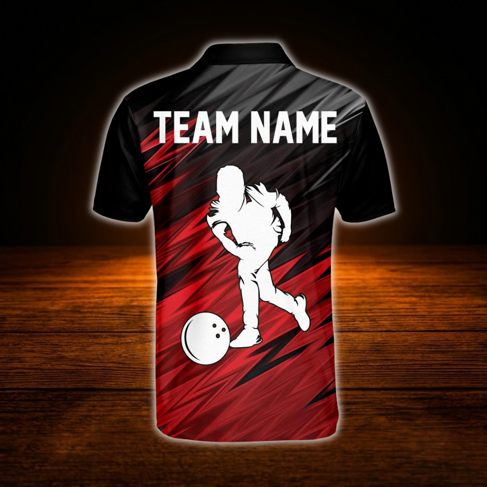 Custom Team Black And Red Men's Bowling Polo Shirts, Custom Team Bowling Shirts