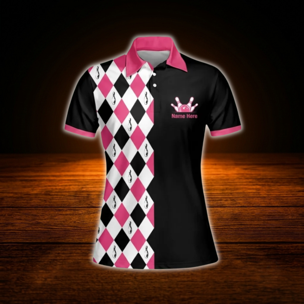 Custom Rolling With My Homies Black And Pink Women Bowling Polo Shirts, Custom Funny Bowling Shirts For Women
