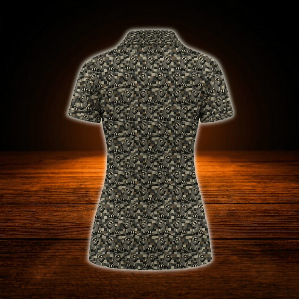 Funny Raccoon Camo Ladies Golf Polo Shirts, Raccoon Golf Shirts For Ladies