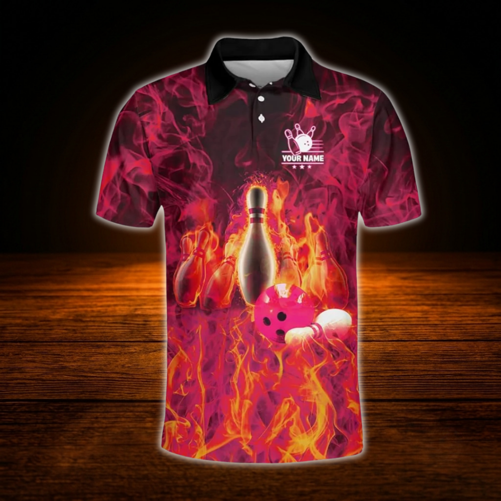 Custom Fire Pins And Ball Bowling Polo Shirt For Men, Custom Flame Bowling Team Shirt