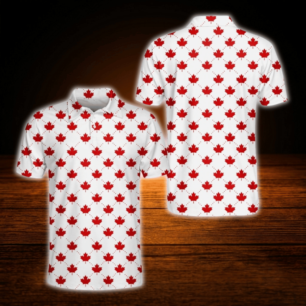 Red And White  Maple Leaf Men's Golf Polo Shirts, Canada Patriotic Golf Shirts
