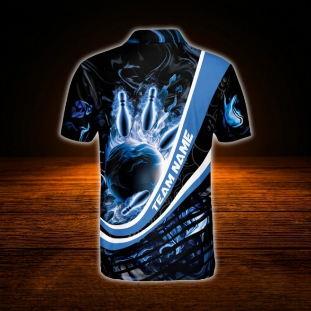 Custom Blue Flaming Bowling Polo Shirt For Men, Custom Flame Bowling Shirt Team