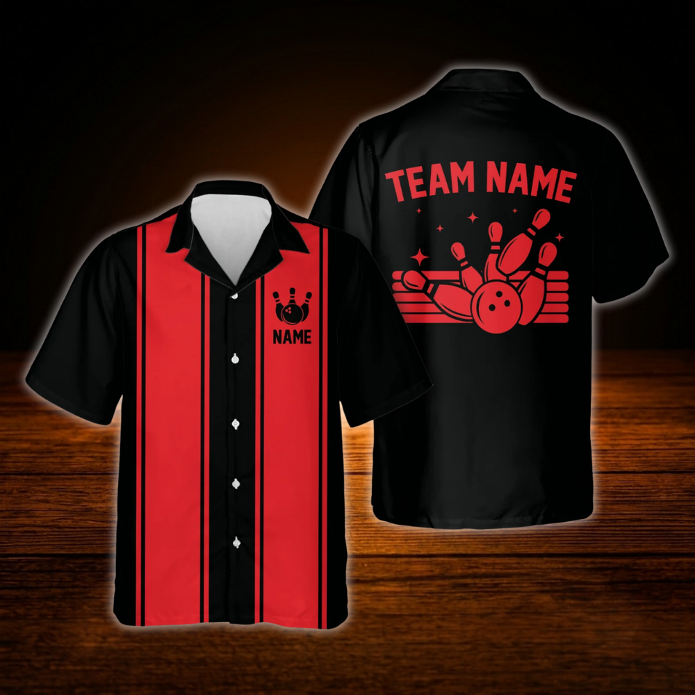 Vintage Custom Red Black Bowling Hawaiian Shirt For Men Women, Custom Team Bowling Shirt Vintage