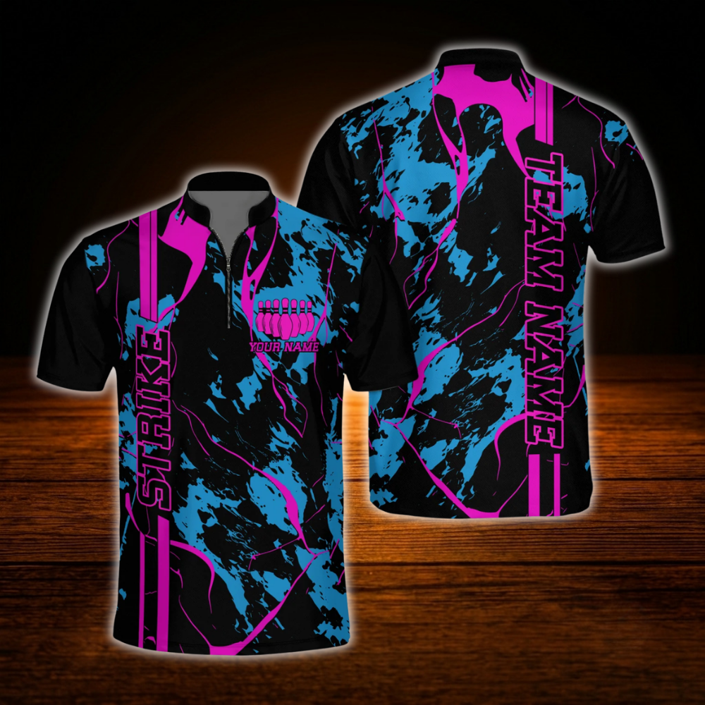 Custom Team Black Pink Cyan Bowling Jersey, Men's Custom Bowling Shirt