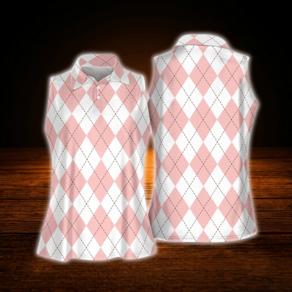 Pink Argyle Women's Sleeveless Golf Shirt, Argyle Golf Shirt For Ladies