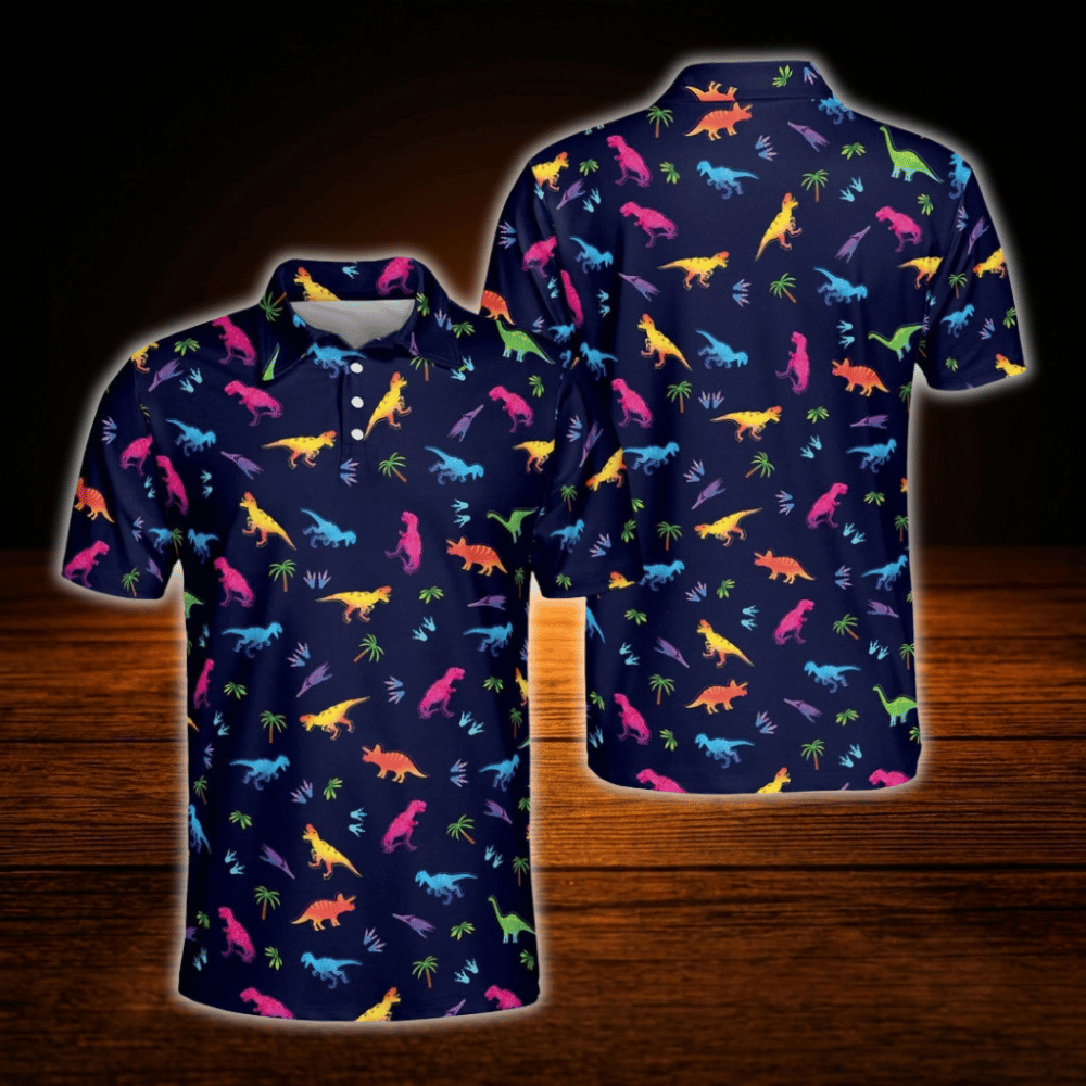 Neon Dinosaur Tropical Men's Navy Golf Polo Shirts, Dinosaur Golf Shirt