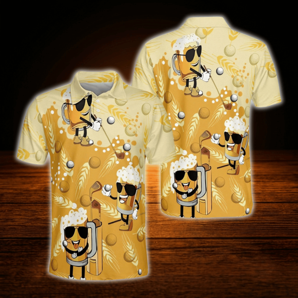 Funny Beer Men's Yellow Golf Polo Shirts, Beer Golf Shirts