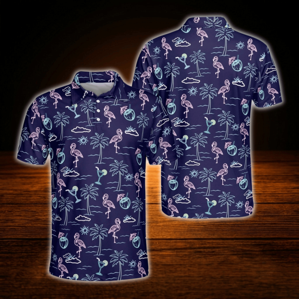 Neon Flamingo Tropical Golf Polo Shirts For Men, Flamingo Golf Shirts