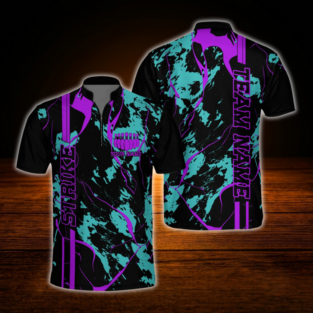 Custom Team Black Pink Cyan Bowling Jersey, Men's Custom Bowling Shirt