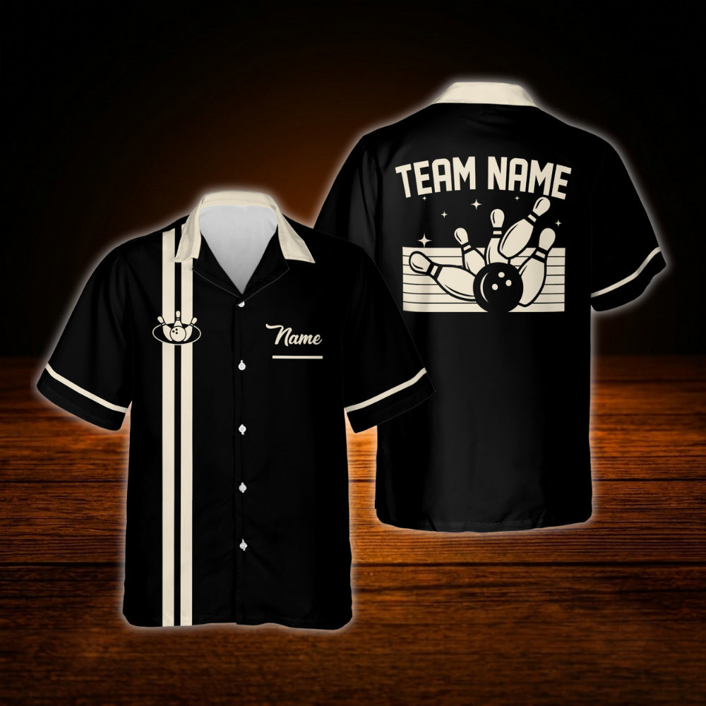 Custom Men's Retro Black Bowling Hawaiian Shirt, Custom Retro Bowling Shirt Team