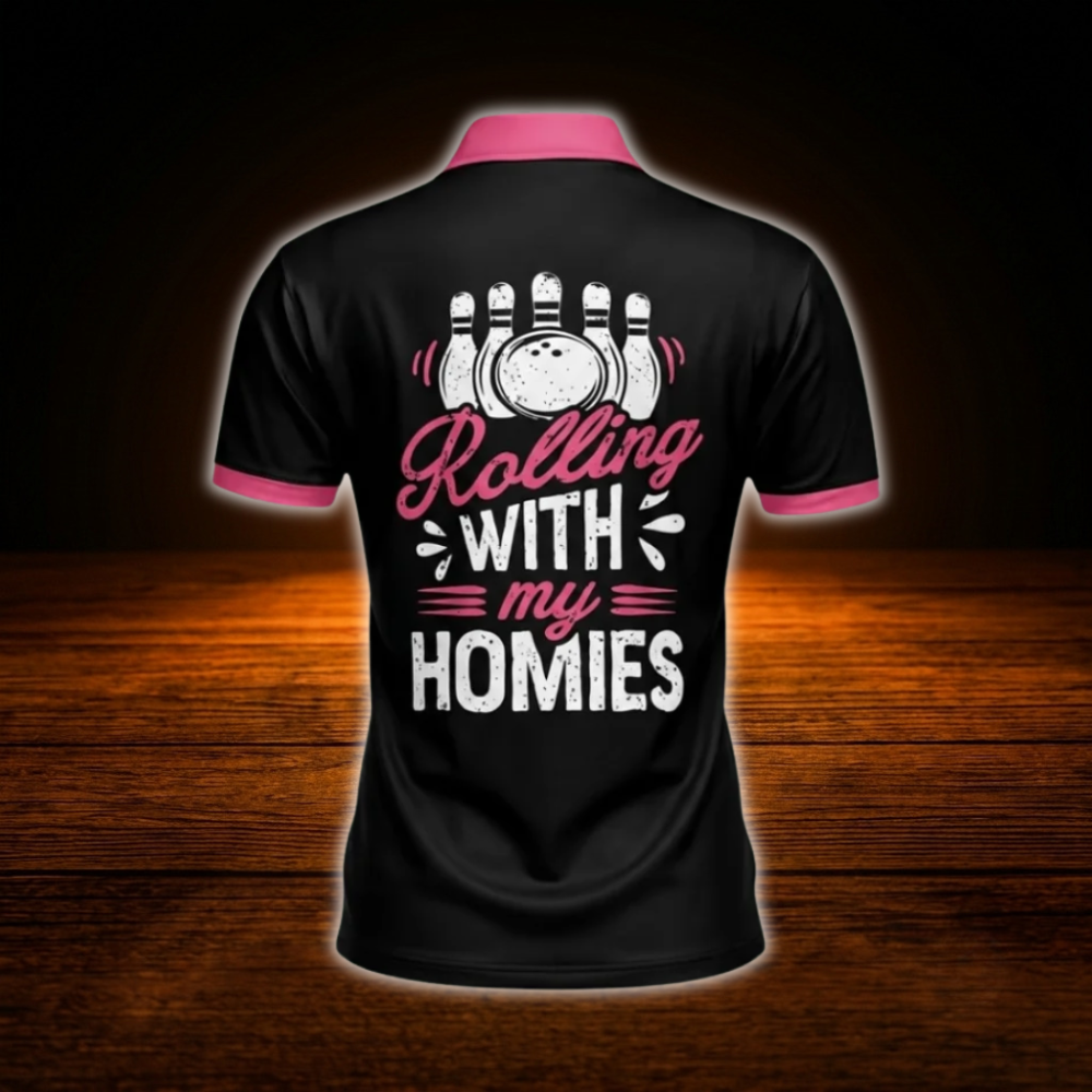 Custom Rolling With My Homies Black And Pink Women Bowling Polo Shirts, Custom Funny Bowling Shirts For Women