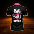 Custom Rolling With My Homies Black And Pink Women Bowling Polo Shirts, Custom Funny Bowling Shirts For Women