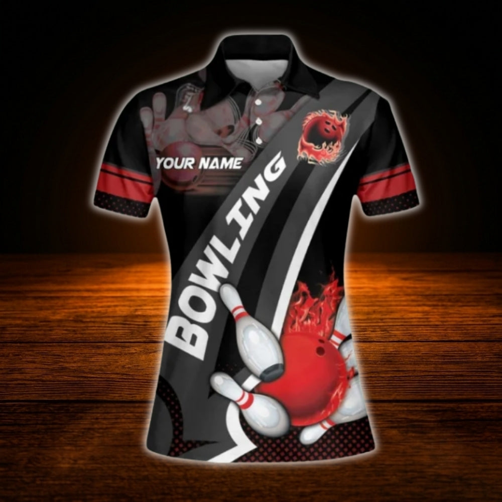 Custom Flaming Ball Bowling Polo Shirt For Ladies, Custom Flame Bowling Team Shirt For Women