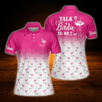 Talk Birdie To Me Personalized Flamingo Women's Pink And White Golf Polo Shirt, Custom Flamingo Golf Shirts For Ladies