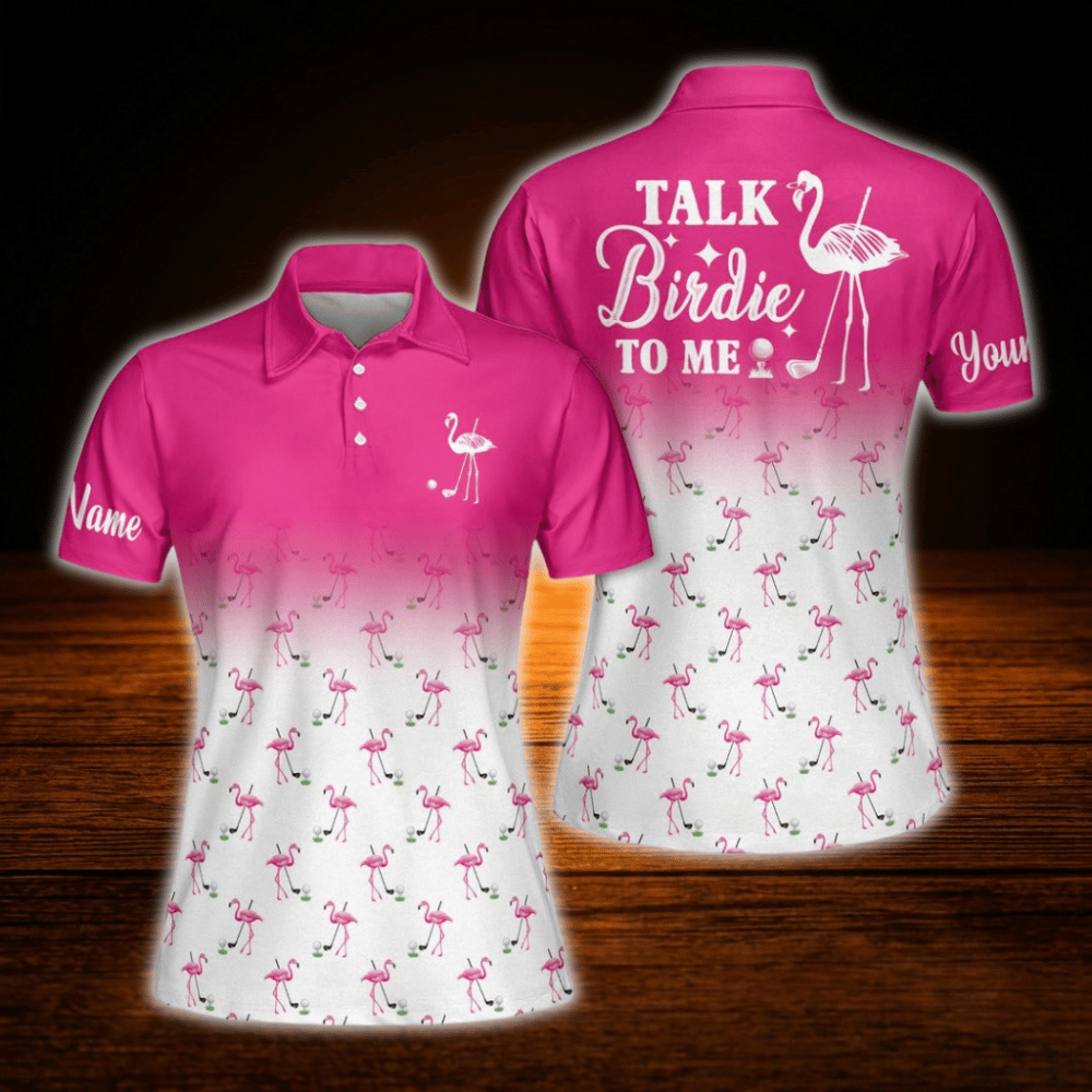 Talk Birdie To Me Personalized Flamingo Women's Pink And White Golf Polo Shirt, Custom Flamingo Golf Shirts For Ladies