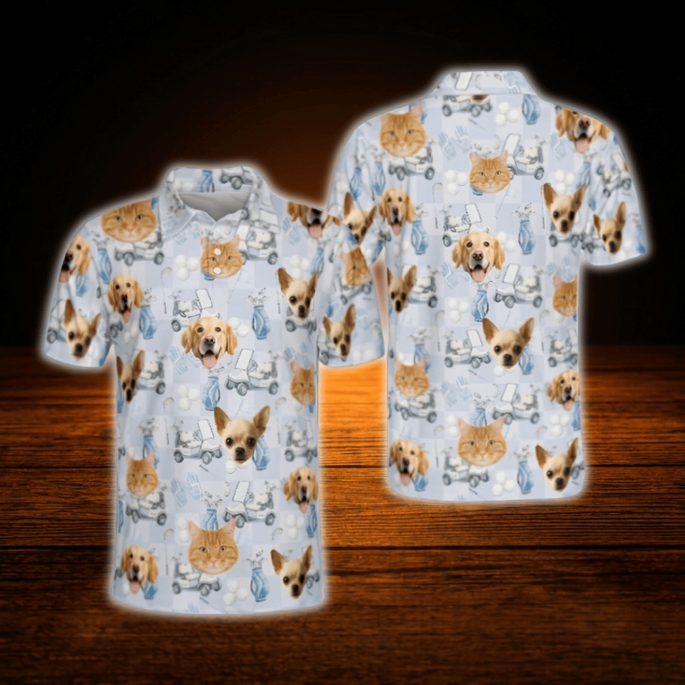 Custom Face Cat Dog Golf Polo Shirts For Men, Custom Pets Photo Golf Shirt