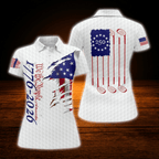 We The People Women's Grunge White American Flag Golf Polo Shirt, 4th Of July Patriotic Golf Shirt For Ladies