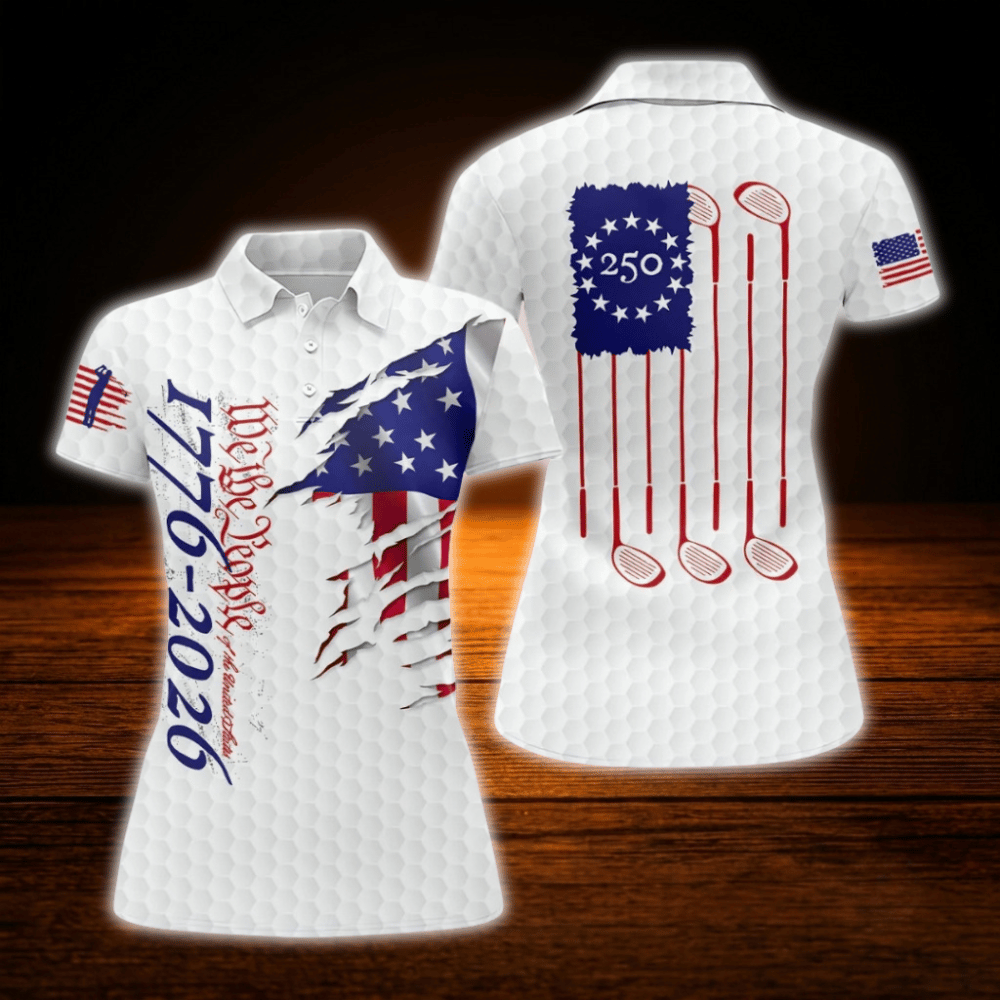 We The People Women's Grunge White American Flag Golf Polo Shirt, 4th Of July Patriotic Golf Shirt For Ladies