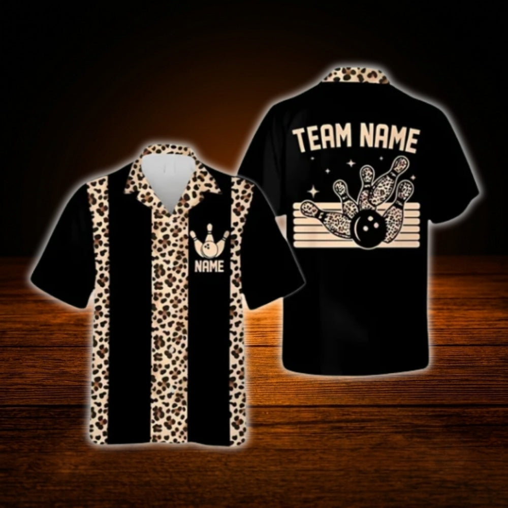 Custom Leopard Beige Black Bowling Hawaiian Shirt, Custom Leopard Bowling Team Shirt