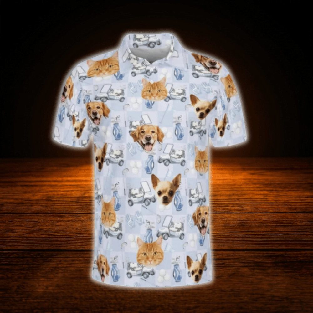 Custom Face Cat Dog Golf Polo Shirts For Men, Custom Pets Photo Golf Shirt