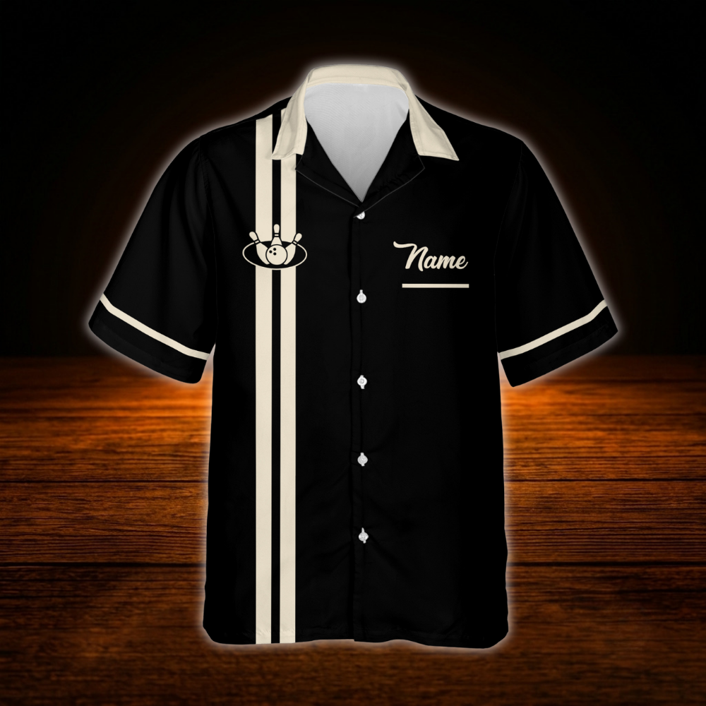 Custom Men's Retro Black Bowling Hawaiian Shirt, Custom Retro Bowling Shirt Team