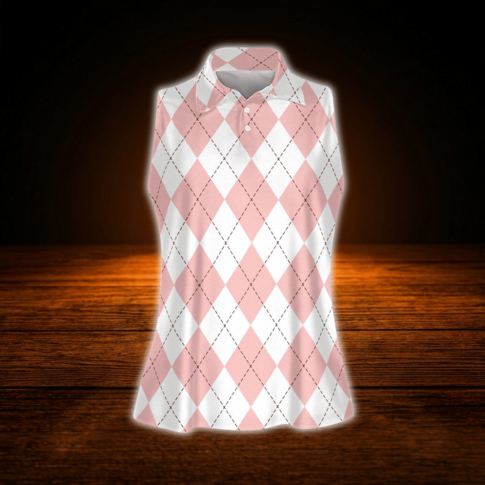 Pink Argyle Women's Sleeveless Golf Shirt, Argyle Golf Shirt For Ladies