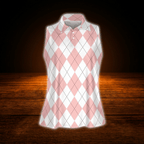 Pink Argyle Women's Sleeveless Golf Shirt, Argyle Golf Shirt For Ladies