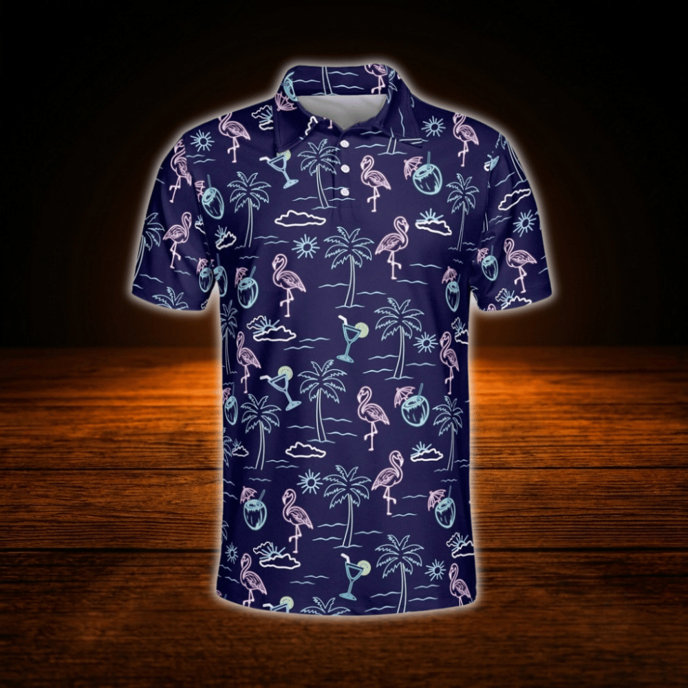 Neon Flamingo Tropical Golf Polo Shirts For Men, Flamingo Golf Shirts