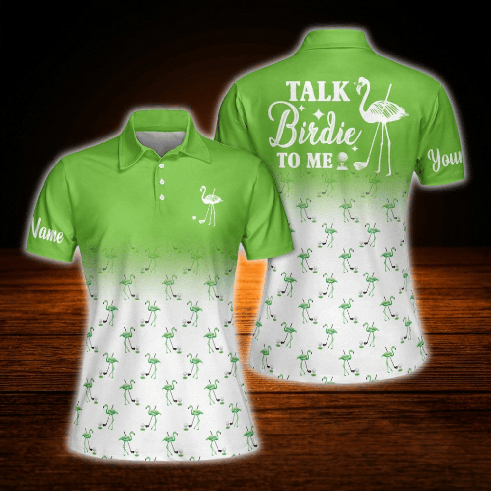 Talk Birdie To Me Personalized Flamingo Women's Pink And White Golf Polo Shirt, Custom Flamingo Golf Shirts For Ladies
