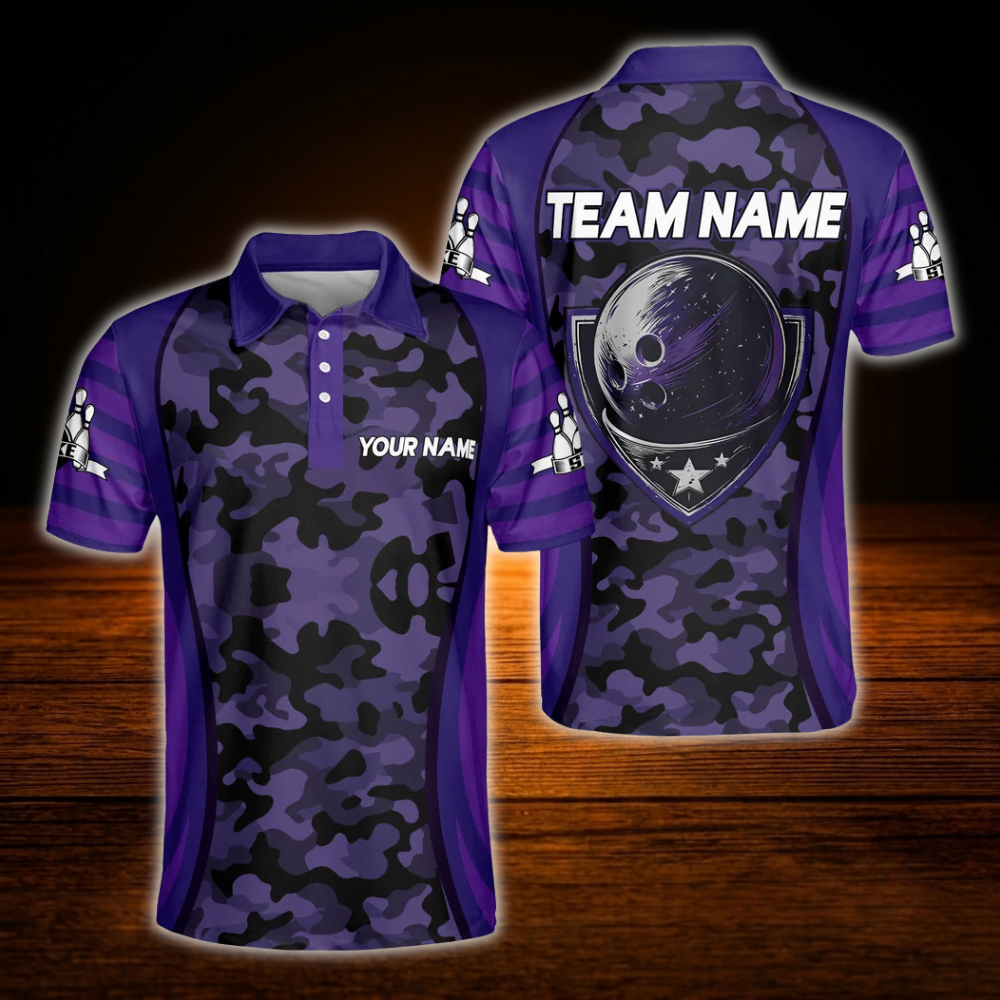 Custom Camo Purple Bowling Polo Shirts For Men, Custom Camo Bowling Team Shirts