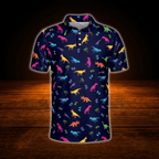 Neon Dinosaur Tropical Men's Navy Golf Polo Shirts, Dinosaur Golf Shirt