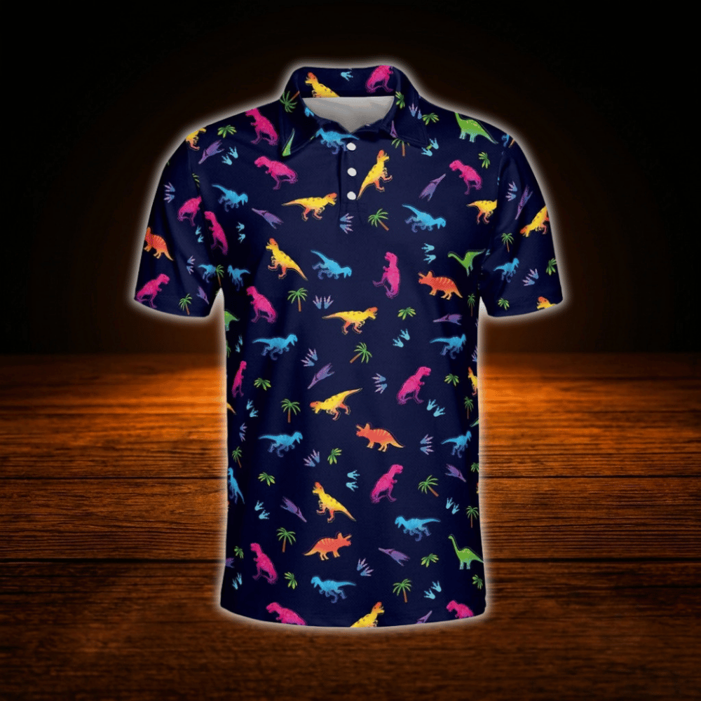 Neon Dinosaur Tropical Men's Navy Golf Polo Shirts, Dinosaur Golf Shirt