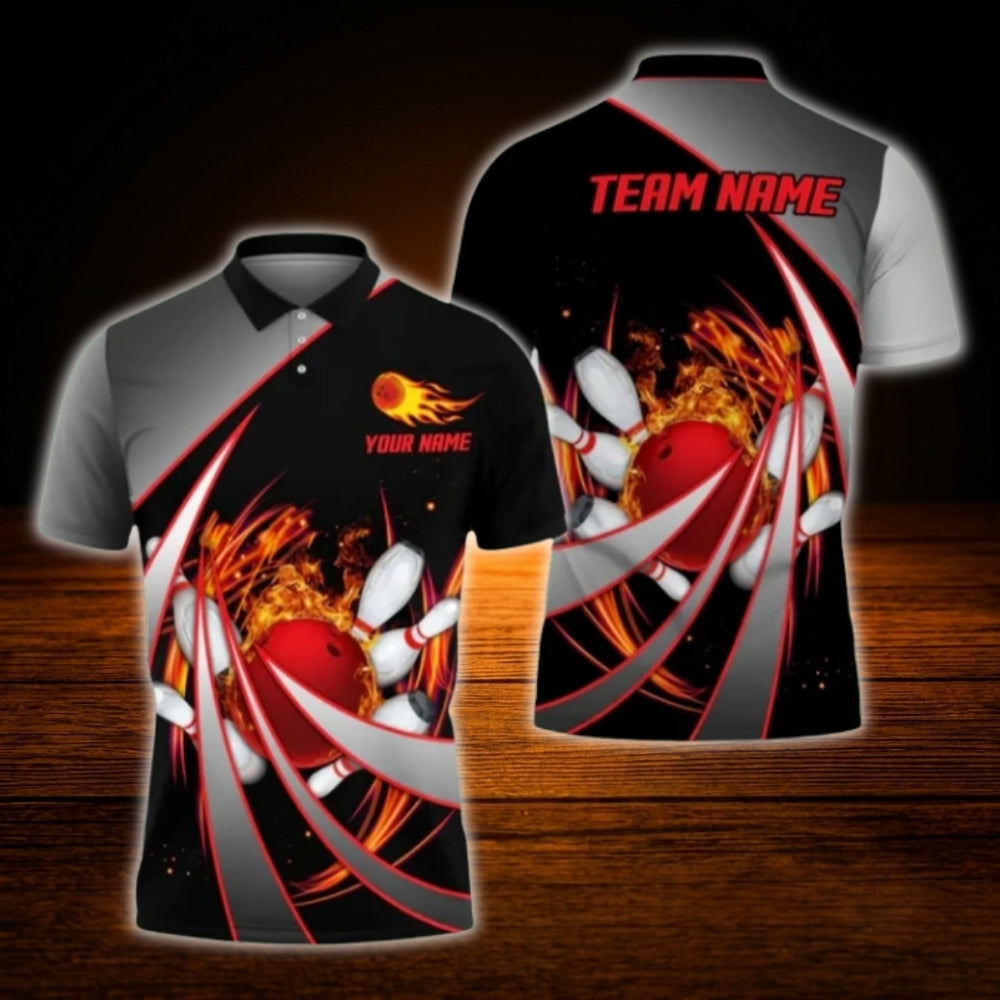 Custom Fire Ball Bowling Men Polo Shirt Cyan Black, Custom Flame Bowling Shirt For Team