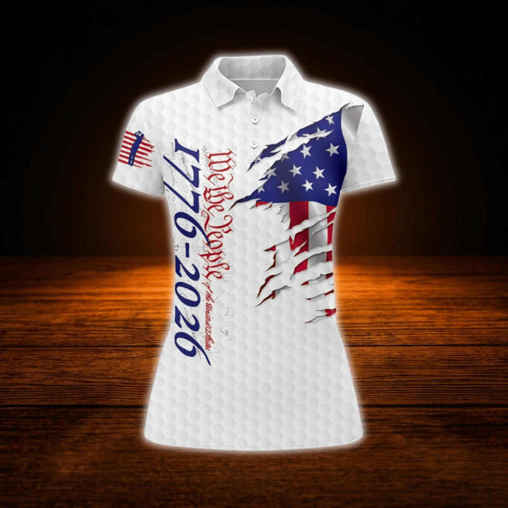 We The People Women's Grunge White American Flag Golf Polo Shirt, 4th Of July Patriotic Golf Shirt For Ladies