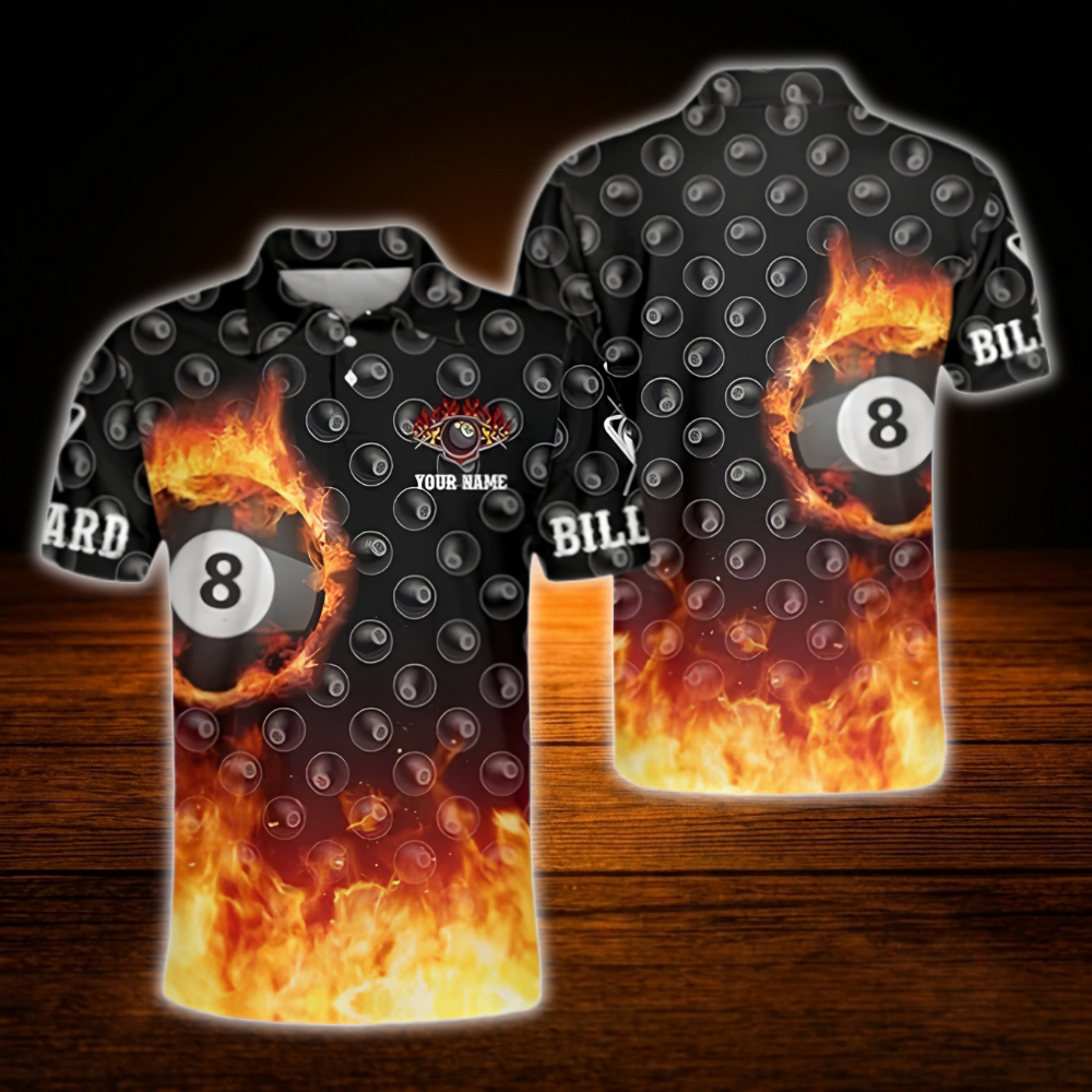 Custom 8 Bal Fire Men's Billiard Polo Shirt, Custom Flame Billiard Shirt Team