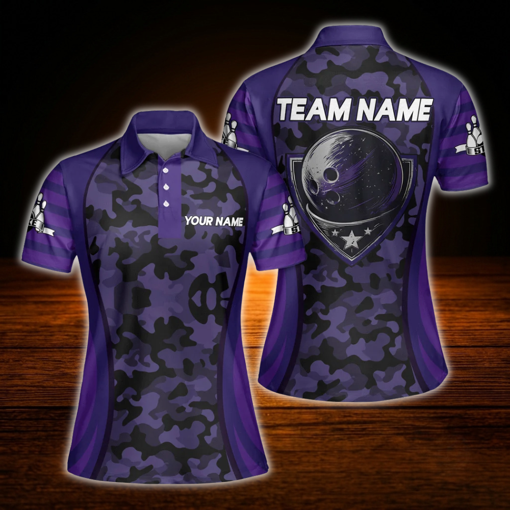 Custom Camo Green Bowling Polo Shirts Women, Custom Camo Bowling Team Shirts For Women