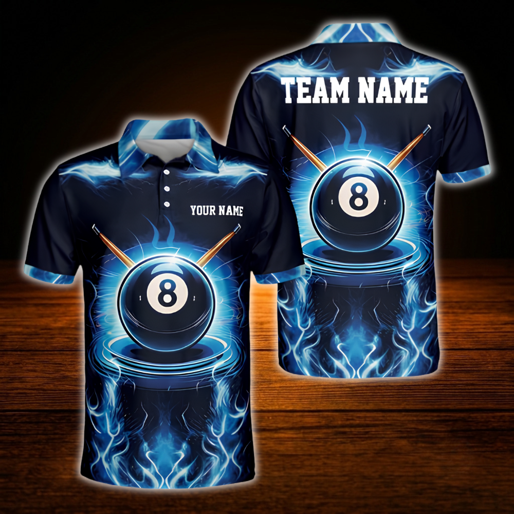 Custom 8 Ball Blue Lightning Billiard Men Polo Shirt, Custom 8 Ball Billiard Shirt Team