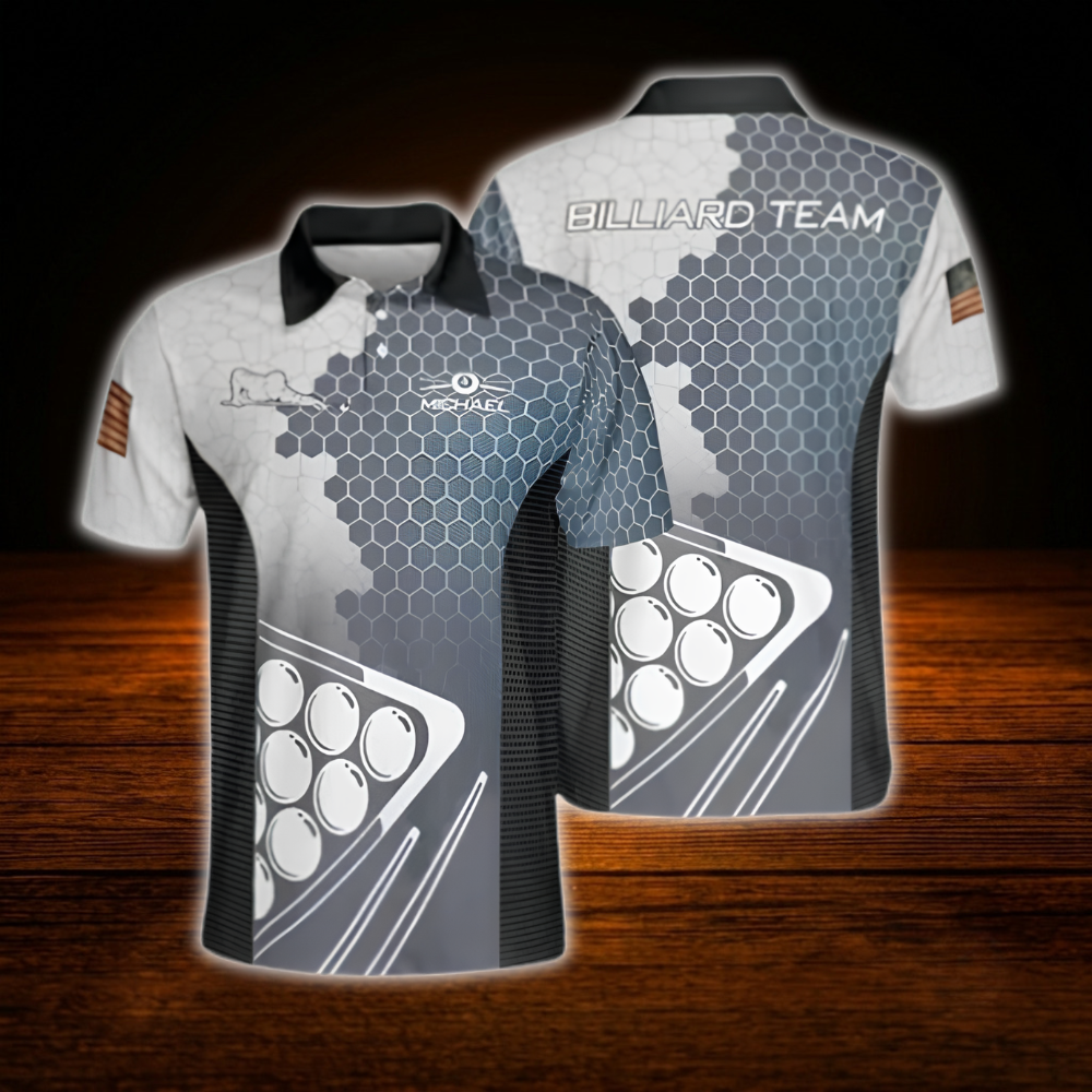 Custom Grey Blue Billiard Team Polo Shirt, Custom Billiard Shirt For Men