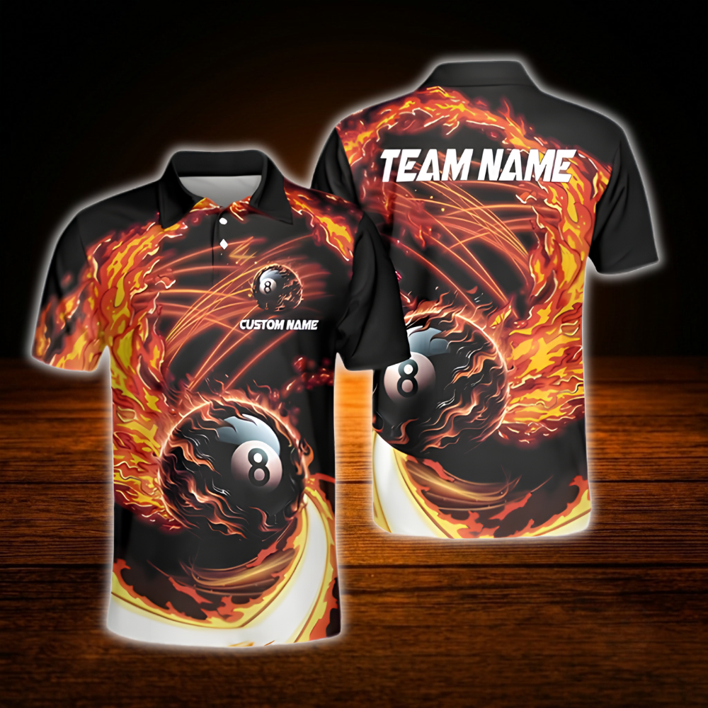 Custom Fire 8 Ball Billiard Men Polo Shirt, Custom Flame Billiard Shirt Team