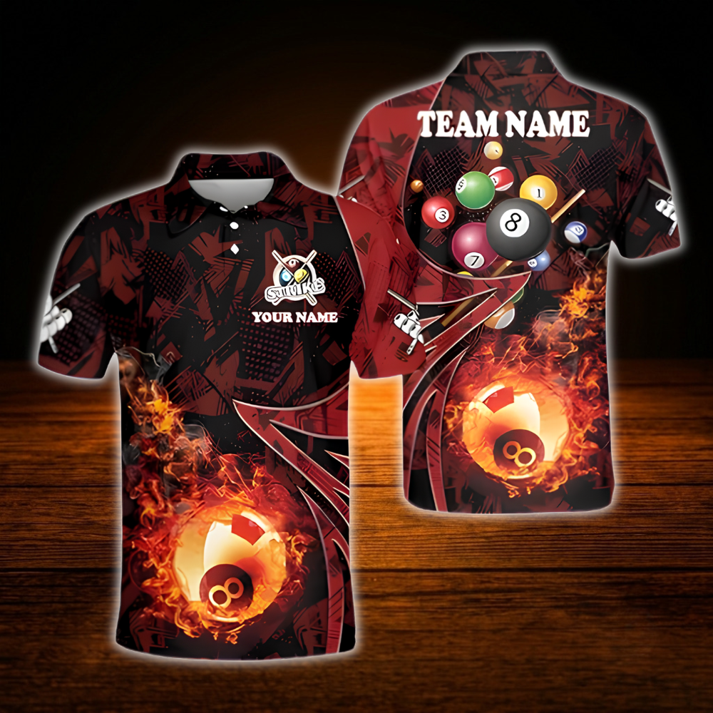 Custom 8 Ball Fire Men's Billiard Polo Shirt, Custom Flame Billiard Team Shirt