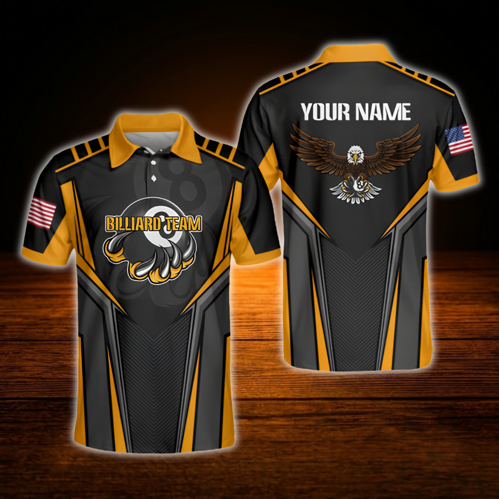 Custom Eagle Black Yellow Billiard Polo Shirt Men, Custom Eagle Billiard Team Shirt