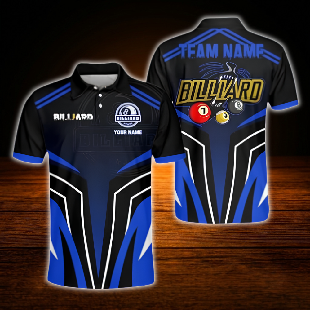 Black And Blue Custom Team Billiard Men Polo Shirt, Custom Billiard Shirt