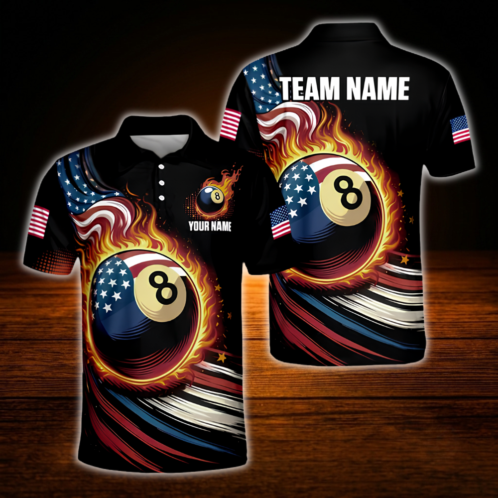 Custom 8 Ball American Flag Fire Men's Billiard Polo Shirt, Custom Patriotic Billiard Team Shirt