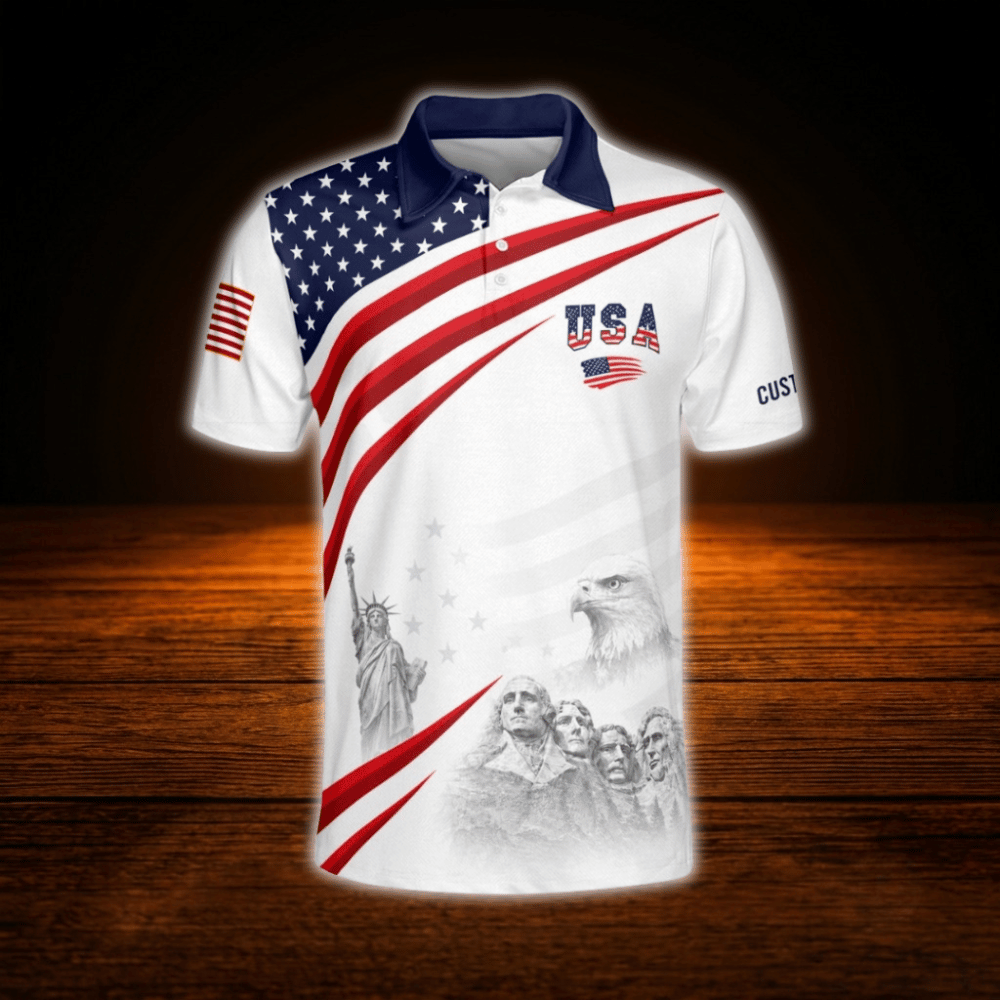 USA Flag Red White Blue Custom Name Golf Polo Shirt Mens, Custom Patriotic Golf Shirt