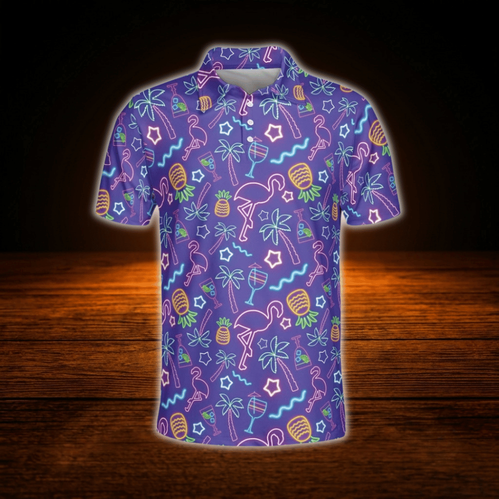 Neon Purple Flamingo Tropical Golf Polo Shirts For Men, Flamingo Golf Shirts