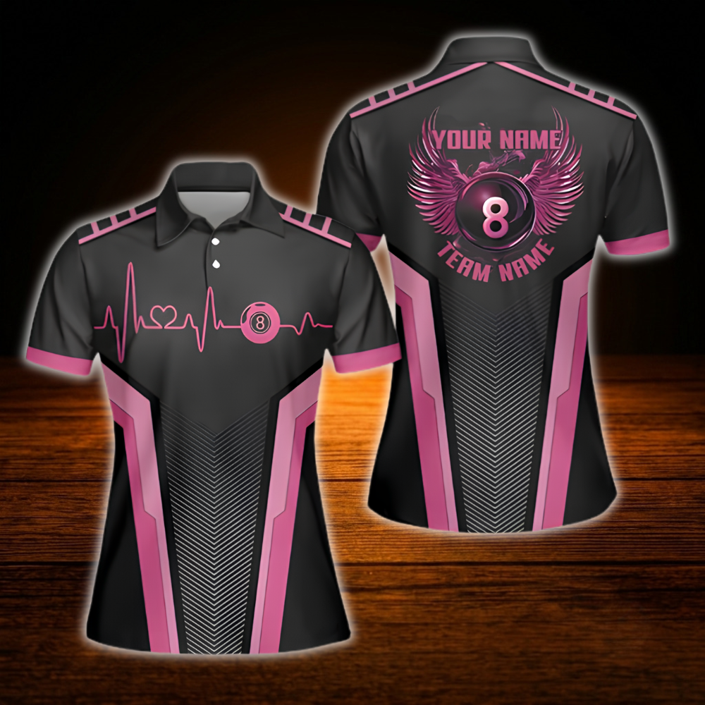 Women's Custom 8 Ball Black Pink Billiard Polo Shirt, Custom Billiard Team Shirt For Ladies