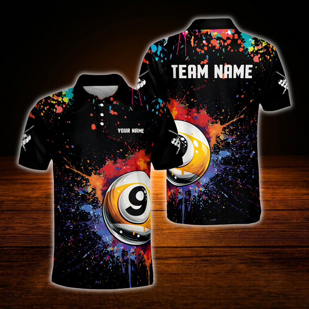 9 Ball Colorful Custom Mens Billiard Polo Shirt, Custom 9 Ball Team Billiard Shirts