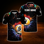 9 Ball Colorful Custom Mens Billiard Polo Shirt, Custom 9 Ball Team Billiard Shirts