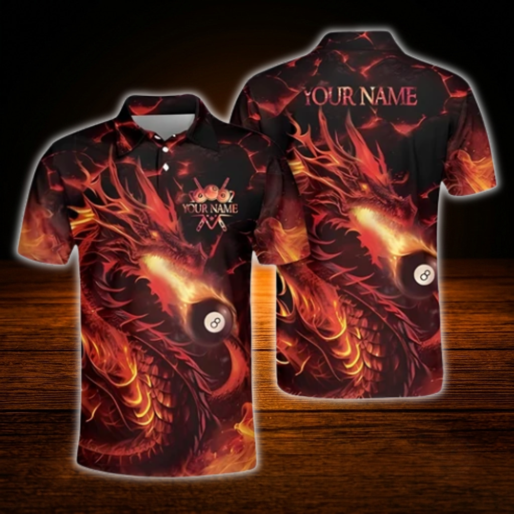 Custom Flaming Dragon Billiard Polo Shirt Men, Custom Dragon Billiard Shirt Team